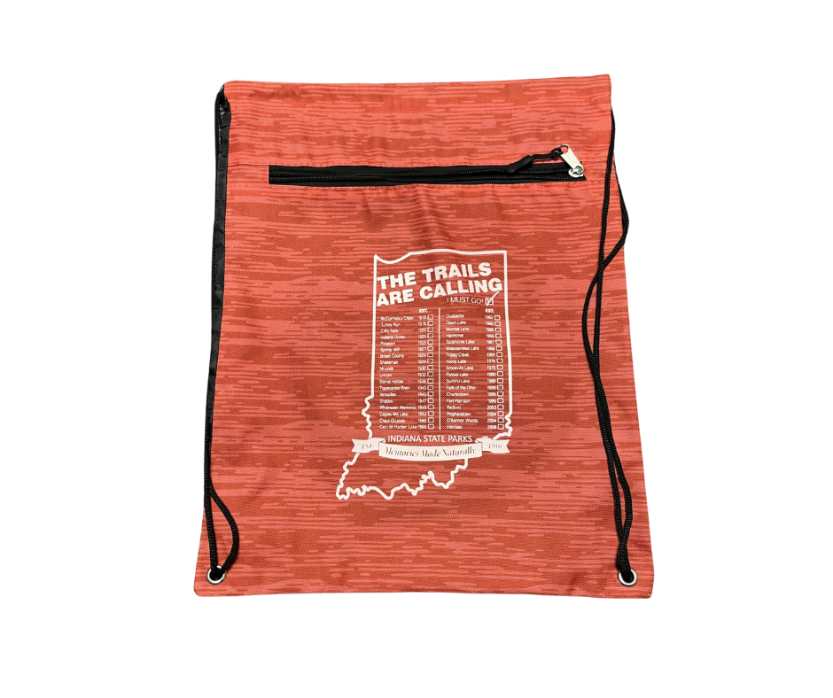 Red drawstring bag with white text and black zipper on a white background