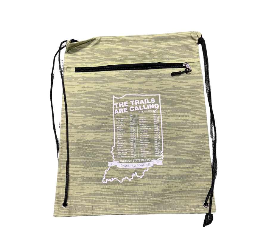 green drawstring bag with image of Indiana and its DNR properties listed inside the state in white text, also saying 'The Trails are Calling'