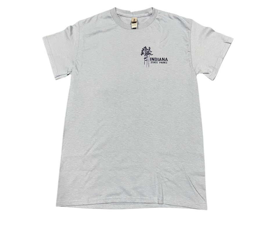 Gray t-shirt with Indiana State Parks logo on a white background