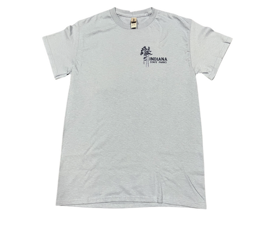 Gray t-shirt with Indiana State Parks logo on a white background
