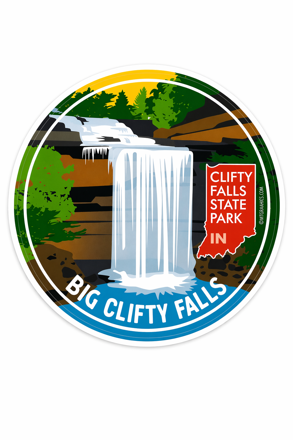 Round sticker showing an illustrated waterfall scene labeled “Big Clifty Falls” with a red state‑shaped badge reading “Clifty Falls State Park IN.”