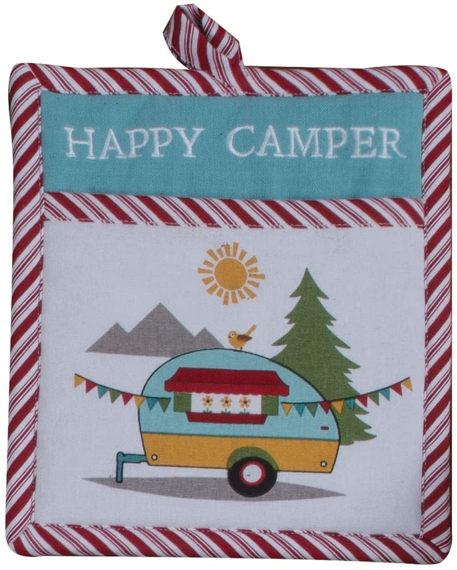 Potholder with 'Happy Camper' text and camper design on a red and white striped border