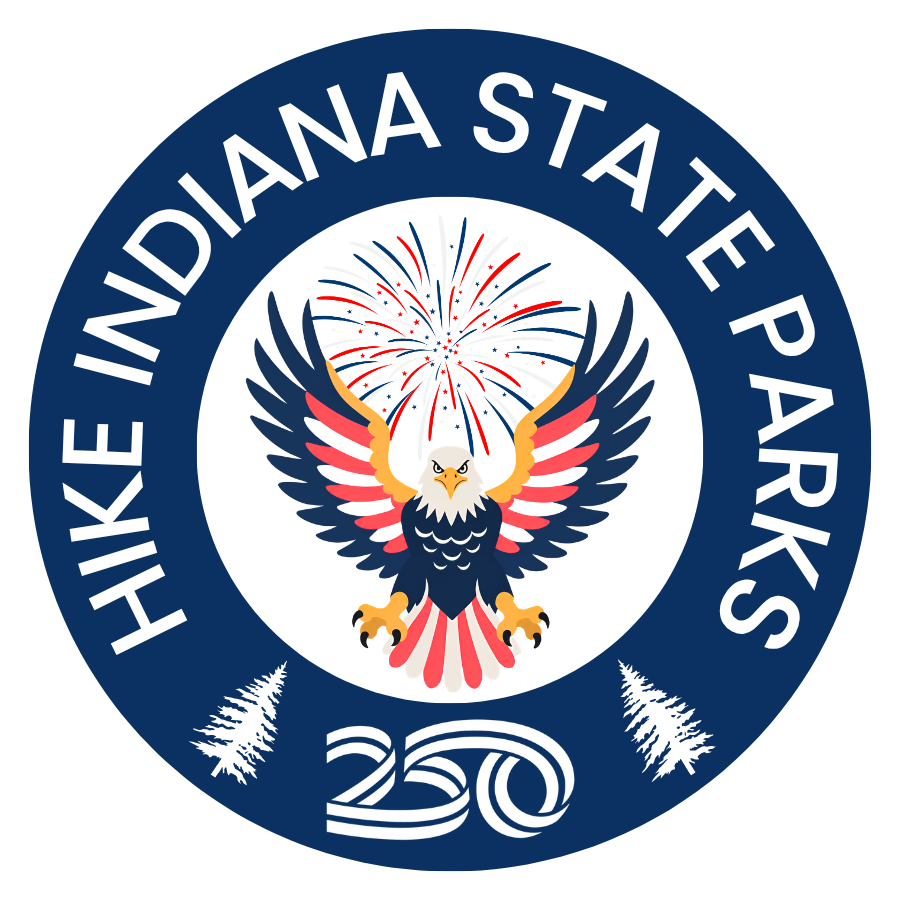 round circle that says hike indiana state parks with americas 250th logo on a white background