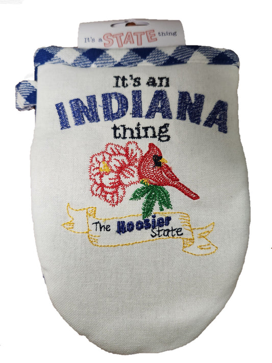 Embroidered oven mitt with 'It's an Indiana thing' text and floral design with a red cardinal on a white background