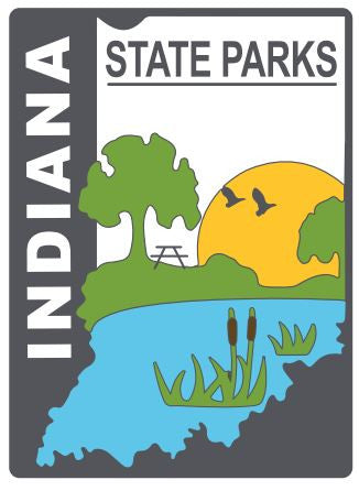 Logo for Indiana State Parks with a scenic illustration of a lake, trees, and birds on a gray background.