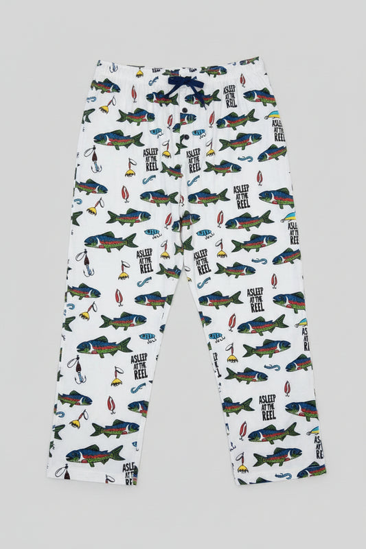 White drawstring pants with an all-over print of fishing lures and fish, including the text 'Asleep at the Reel'