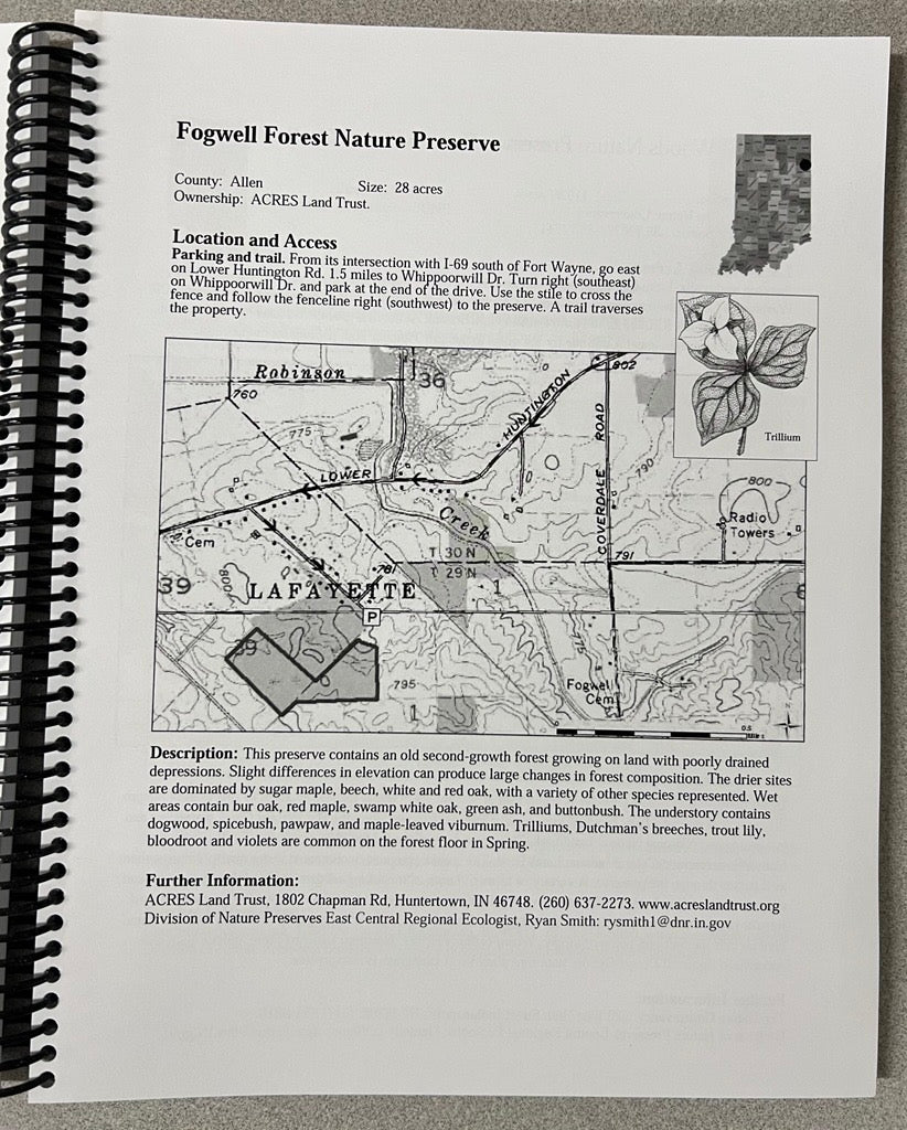 A spiral-bound booklet page titled 'Fogwell Forest Nature Preserve' with text, a small landscape photo, and a detailed map labeled Lafayette, shown against a white background.