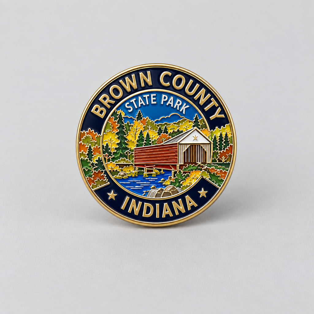 A round enamel pin featuring the Brown County State Park with a gold-tone border, blue and gold lettering, and a multicolor landscape illustration.