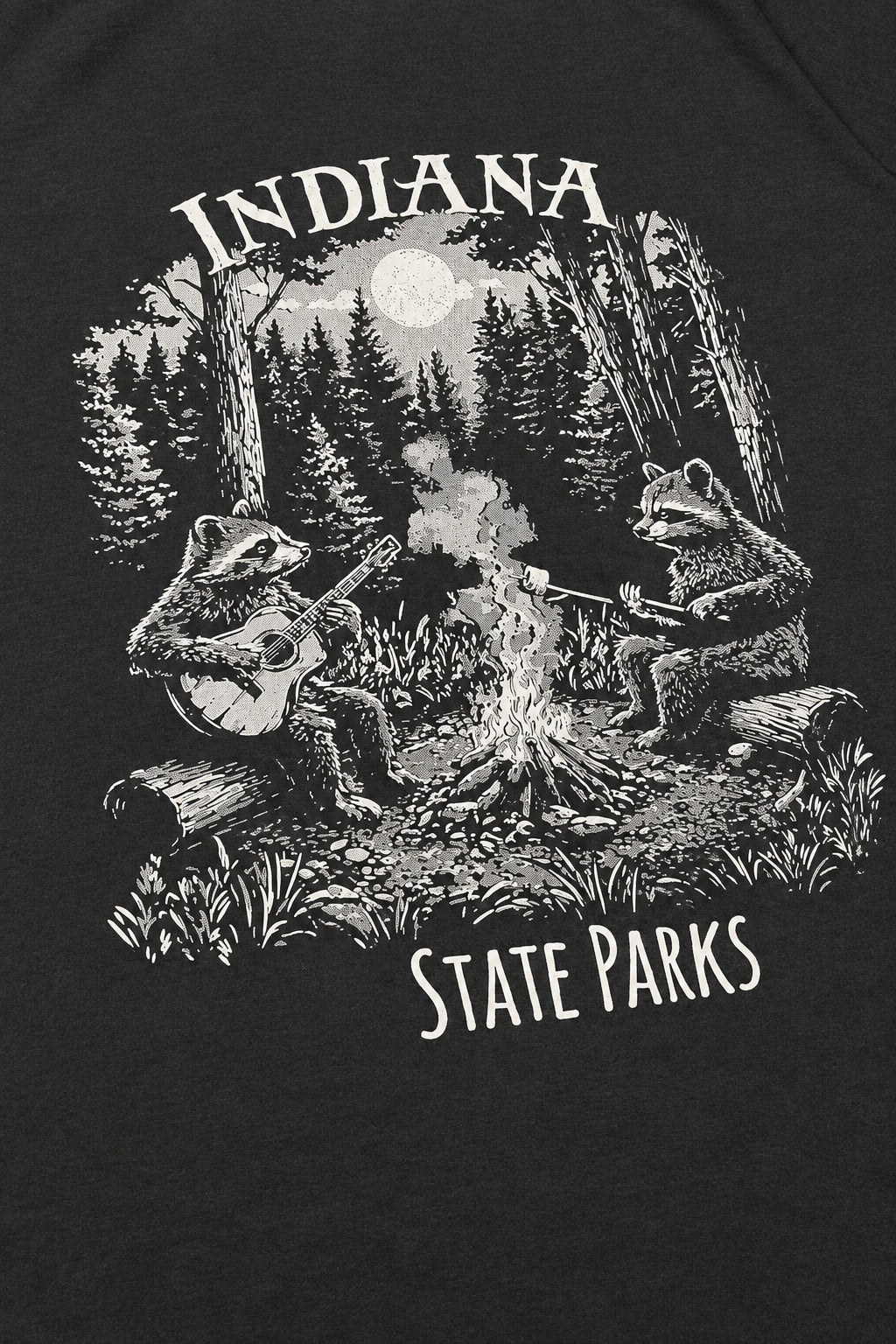 Close-up of a black T-shirt featuring a white graphic print of two raccoons by a campfire under the words 'INDIANA STATE PARKS'.