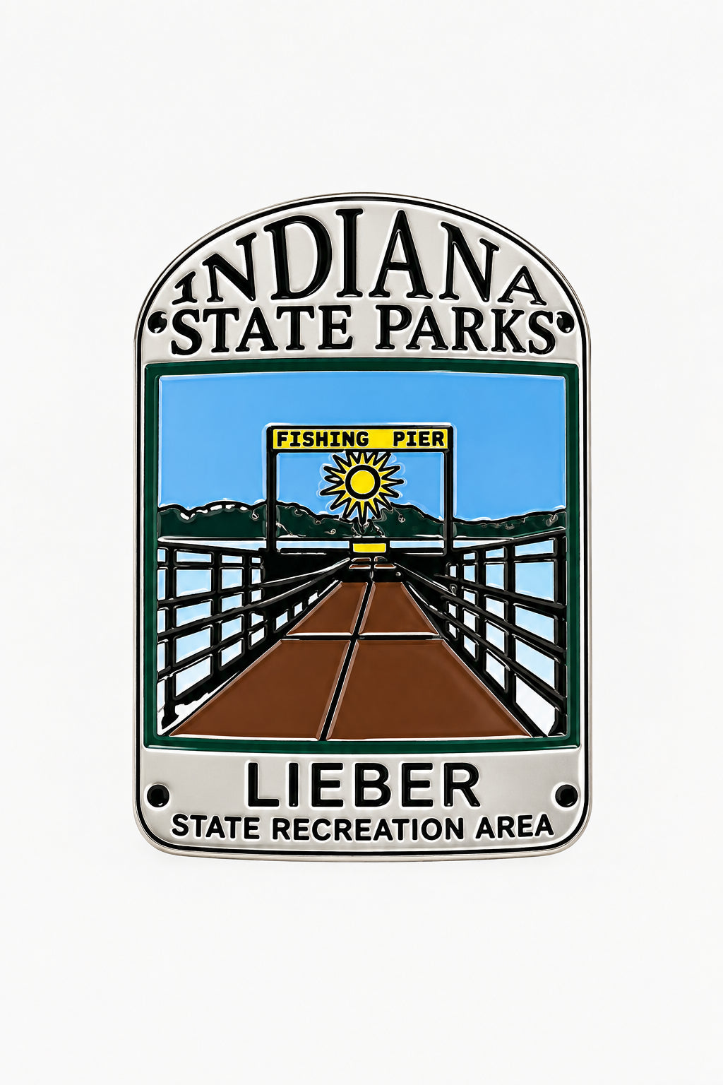 hiking medallion featuring the fishing pier at lieber state recreation area 