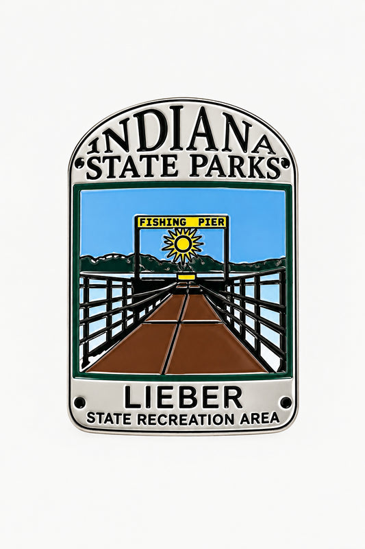 hiking medallion featuring the fishing pier at lieber state recreation area 