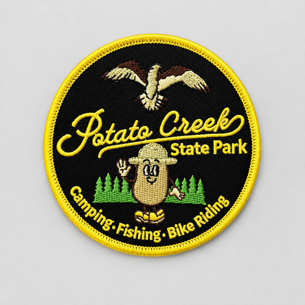 Embroidered Potato Creek State Park patch with mascot, trees, and yellow border.