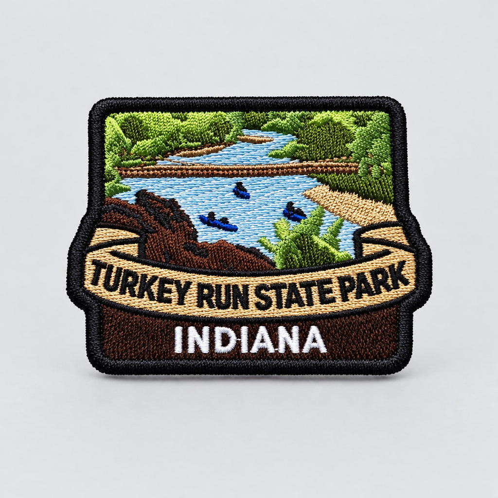 embroidered patch of a river scene that says turkey run state park indiana