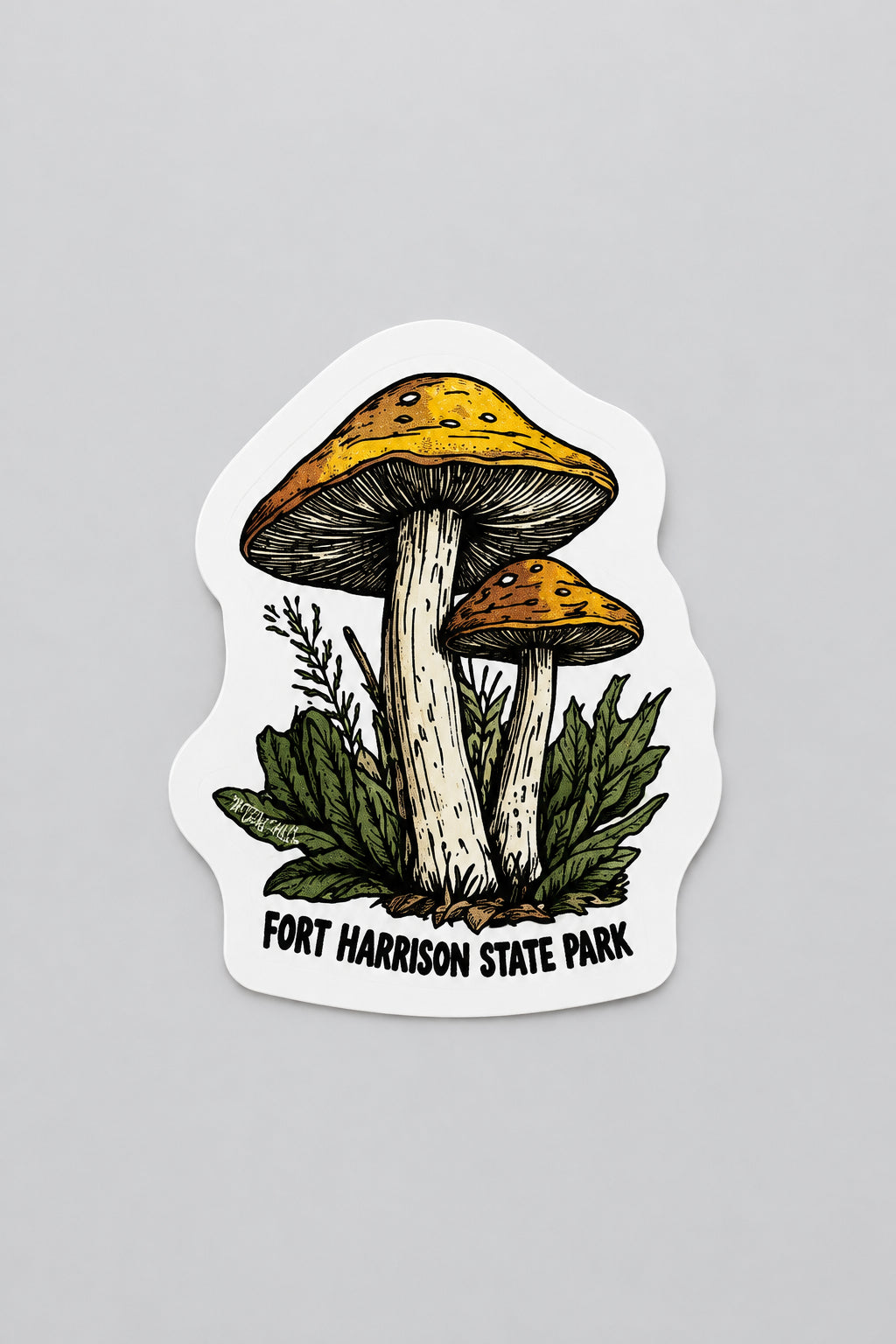 mushroom sticker that says fort harrison state park 