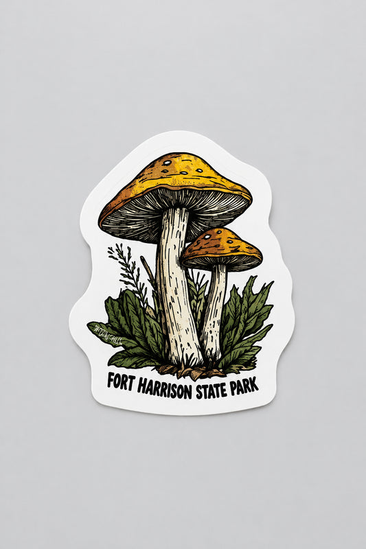 mushroom sticker that says fort harrison state park 