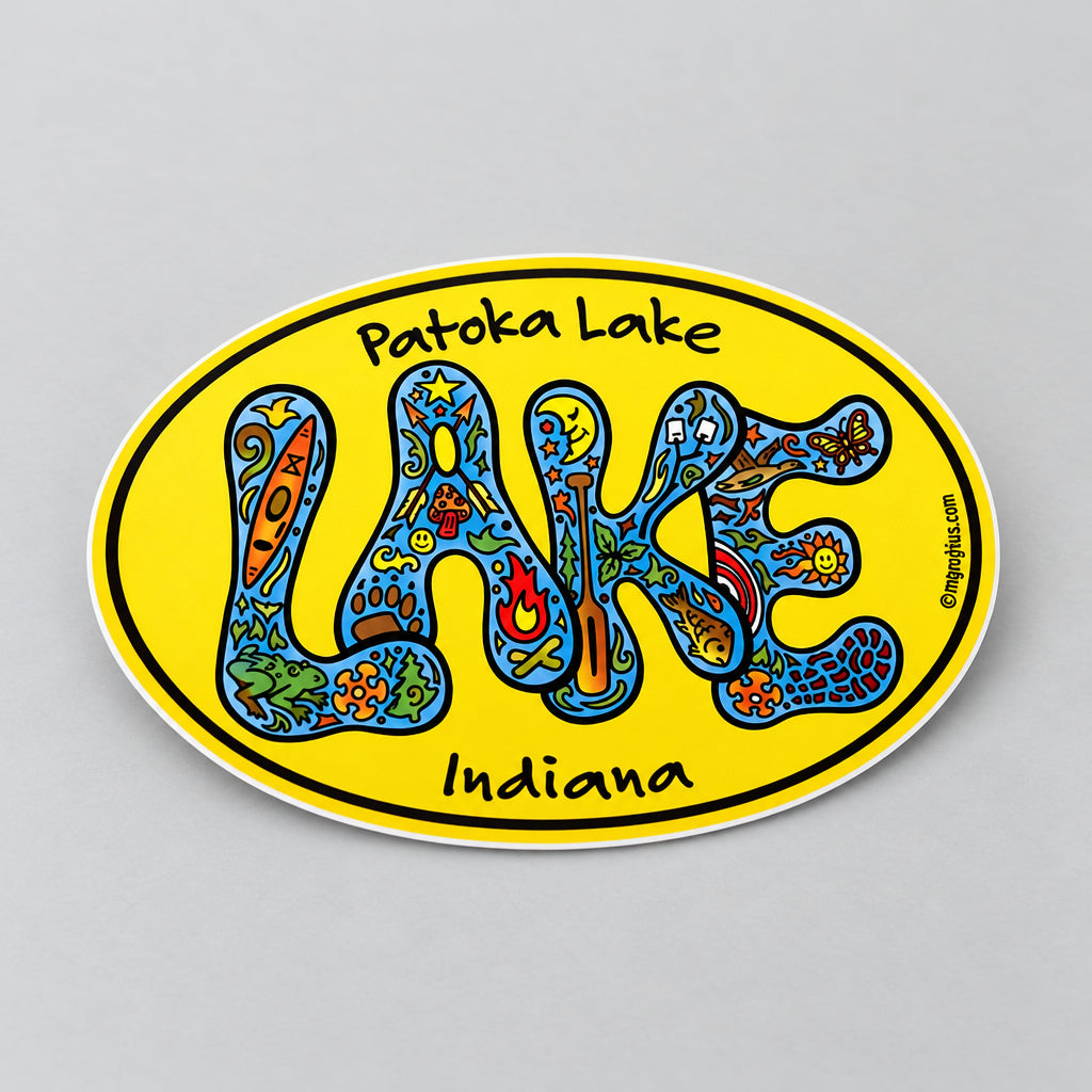 yellow sticker with the word LAKE across the front and patoka lake across the top