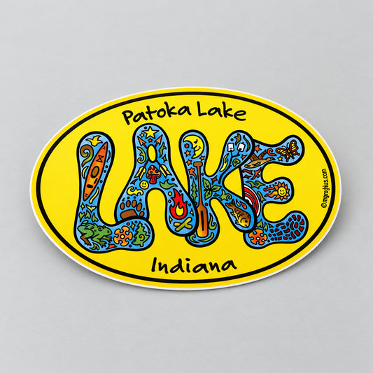 yellow sticker with the word LAKE across the front and patoka lake across the top