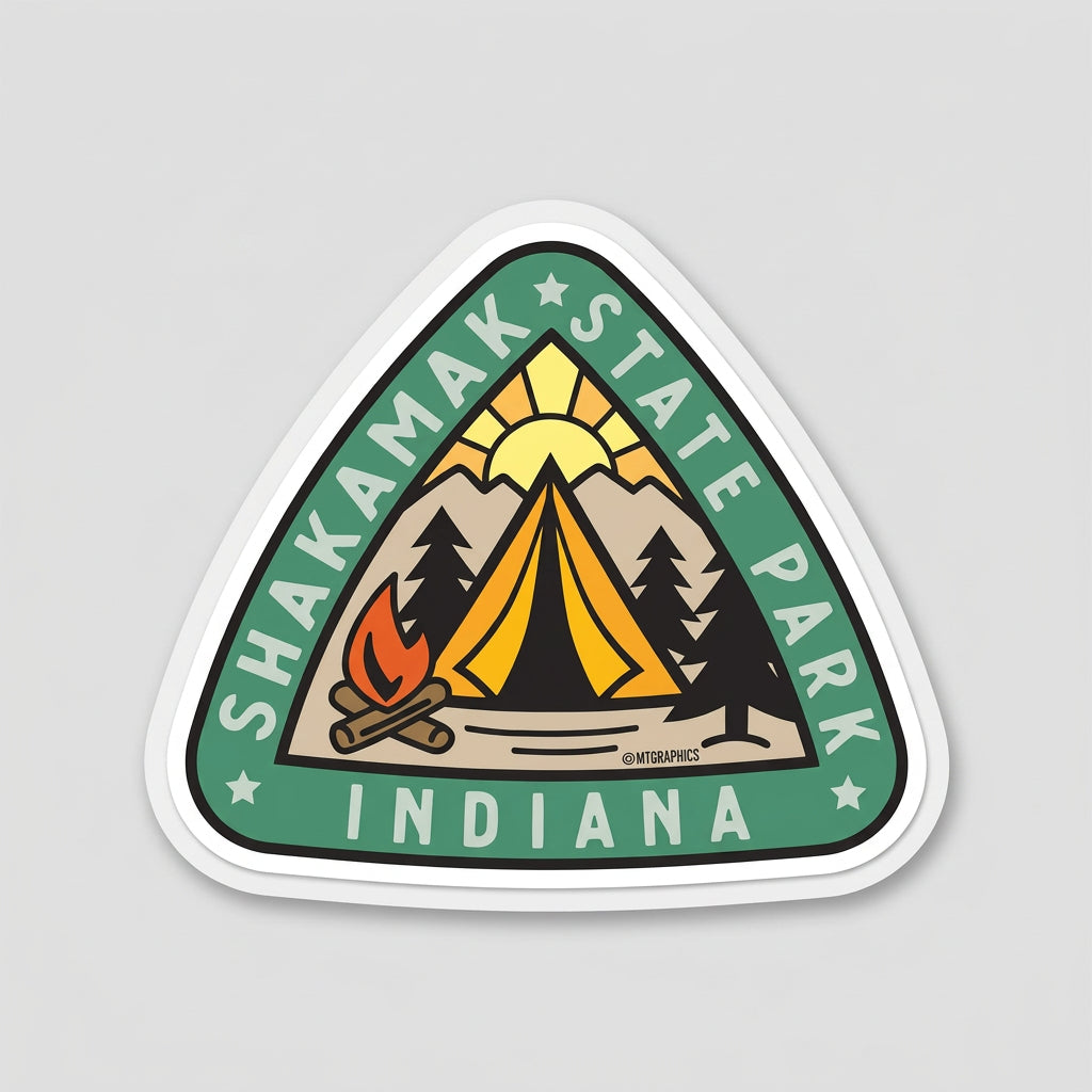 Triangular sticker showing a tent, campfire, pine trees, and a rising sun with the text “Shakamak State Park Indiana.”