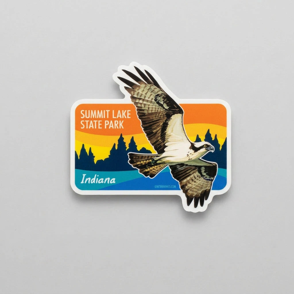 Sticker showing an osprey flying in front of a colorful sunset background with treetop silhouettes and the text “Summit Lake State Park Indiana.”