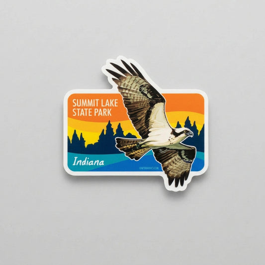 Sticker showing an osprey flying in front of a colorful sunset background with treetop silhouettes and the text “Summit Lake State Park Indiana.”