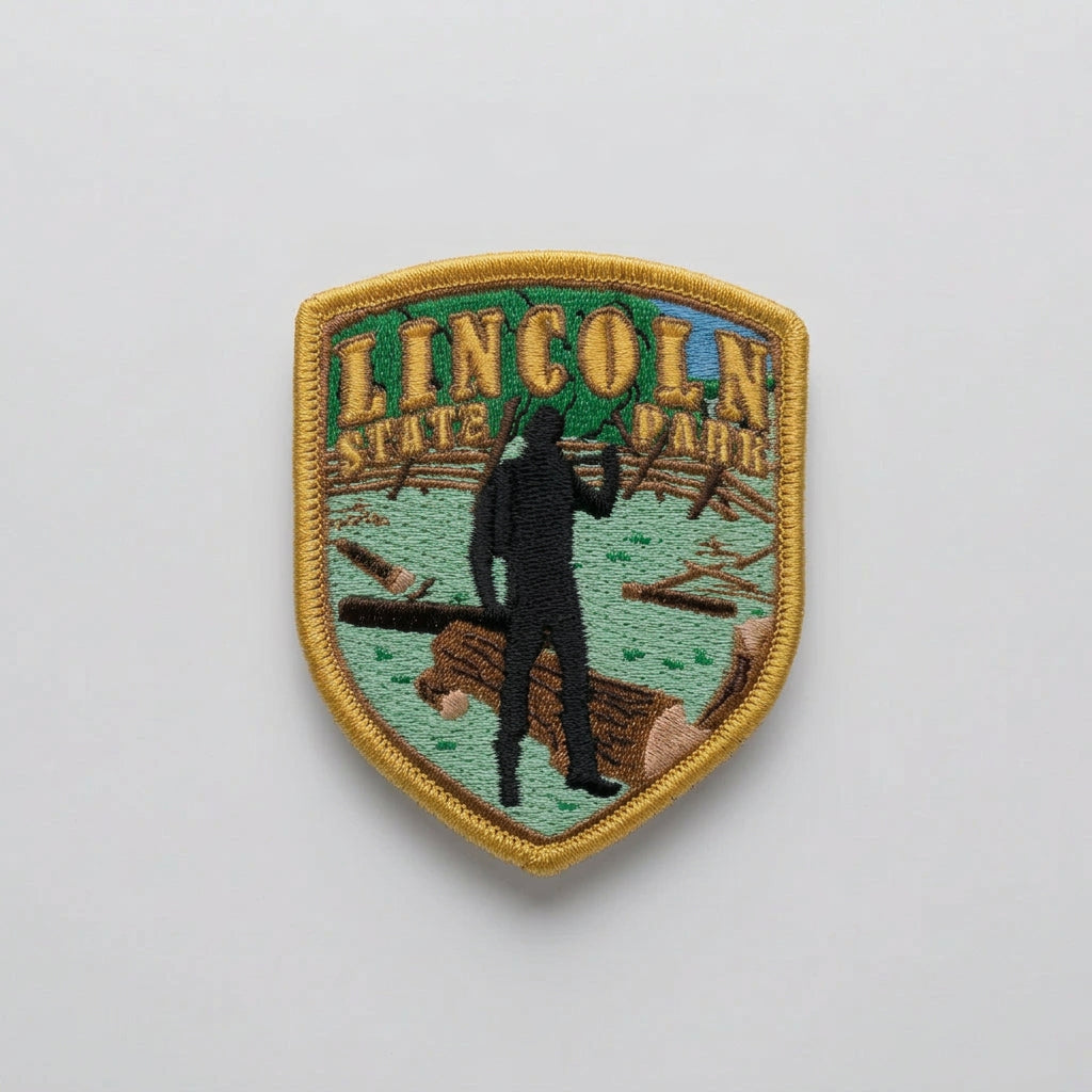 Embroidered shield‑shaped patch showing a silhouette figure with an axe among logs, labeled “Lincoln State Park.”
