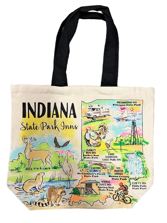 Tote bag with Indiana State Park Inns design on a textured surface
