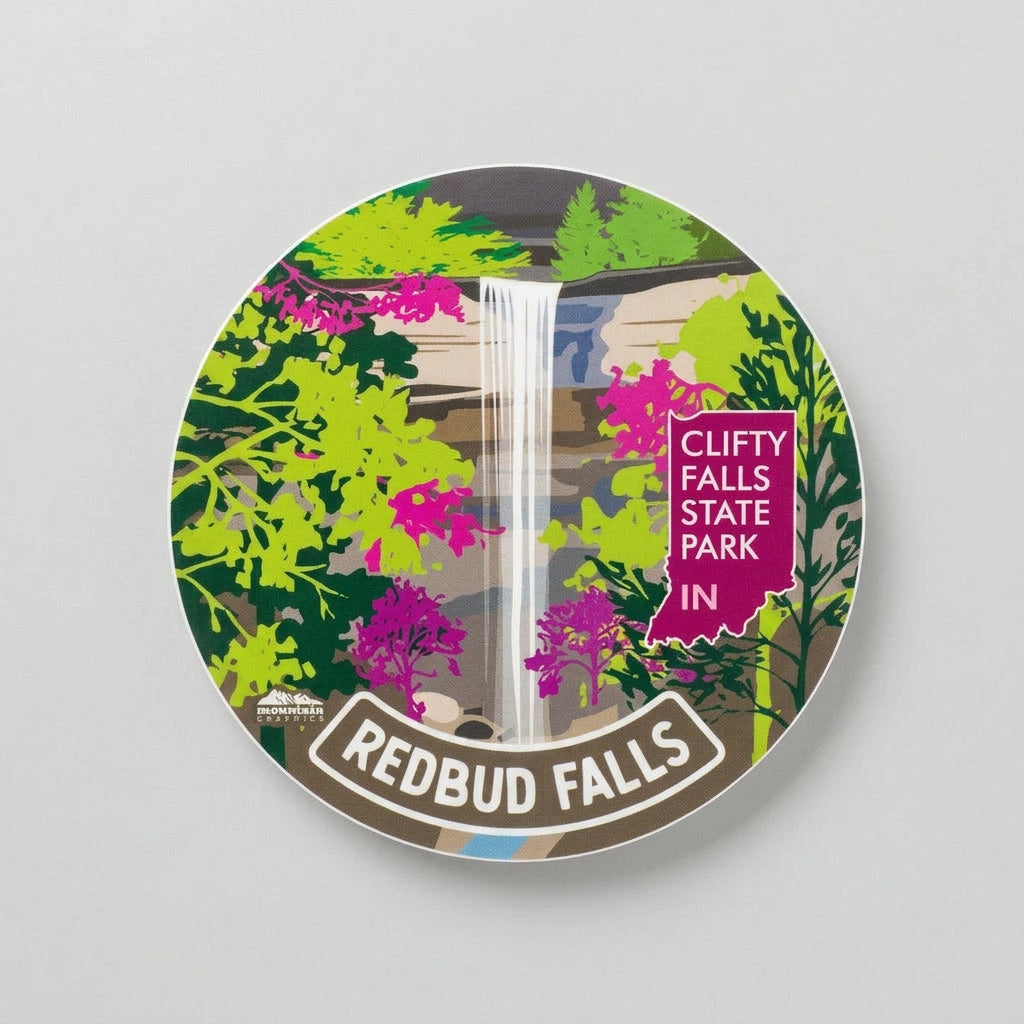 Round sticker showing an illustrated waterfall scene labeled “redbud Falls” with a red state‑shaped badge reading “Clifty Falls State Park IN.”