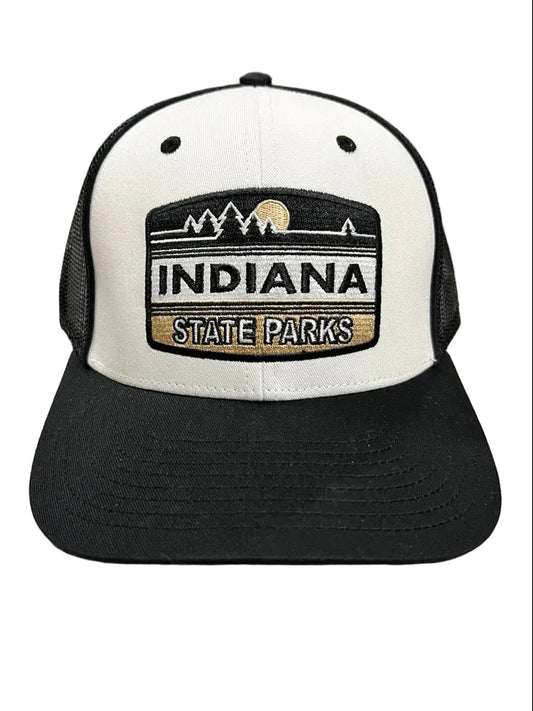 Black and white cap with 'Indiana State Parks' logo on a whitesurface