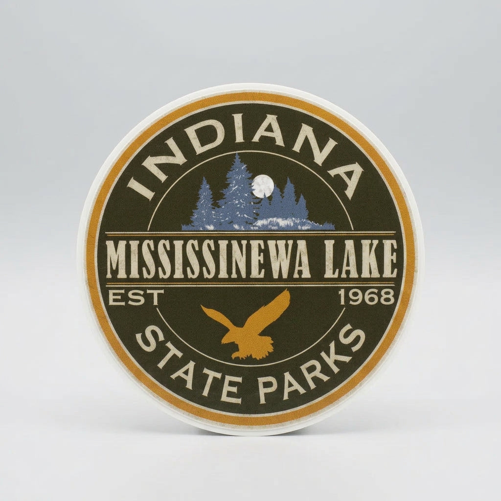 Round sticker with forest and full moon illustration, an eagle silhouette, and the text “Indiana Mississinewa Lake Est 1968 State Parks.”
