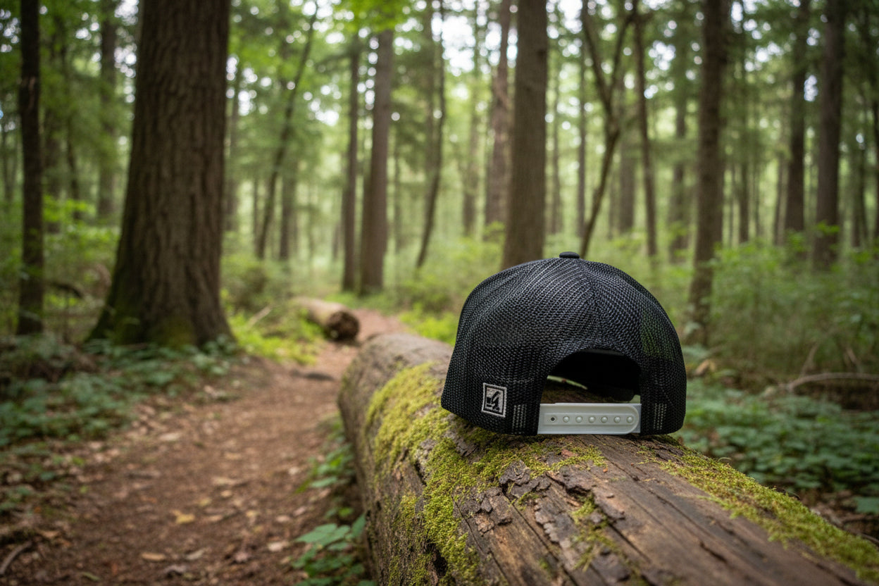 Black mesh cap on a log in the forest