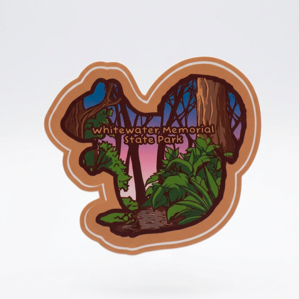Squirrel‑shaped vinyl sticker with a colorful forest scene and the text “Whitewater Memorial State Park.”