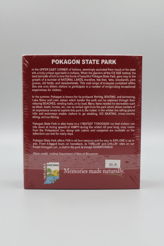 Back of a product packaging with text about Pokagon State Park, Indiana.