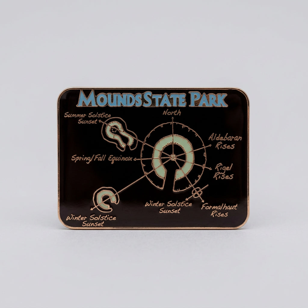 Rectangular metallic magnet showing a gold‑lined diagram of Mounds State Park earthworks with labeled solstice and star alignments, titled “Mounds State Park.”