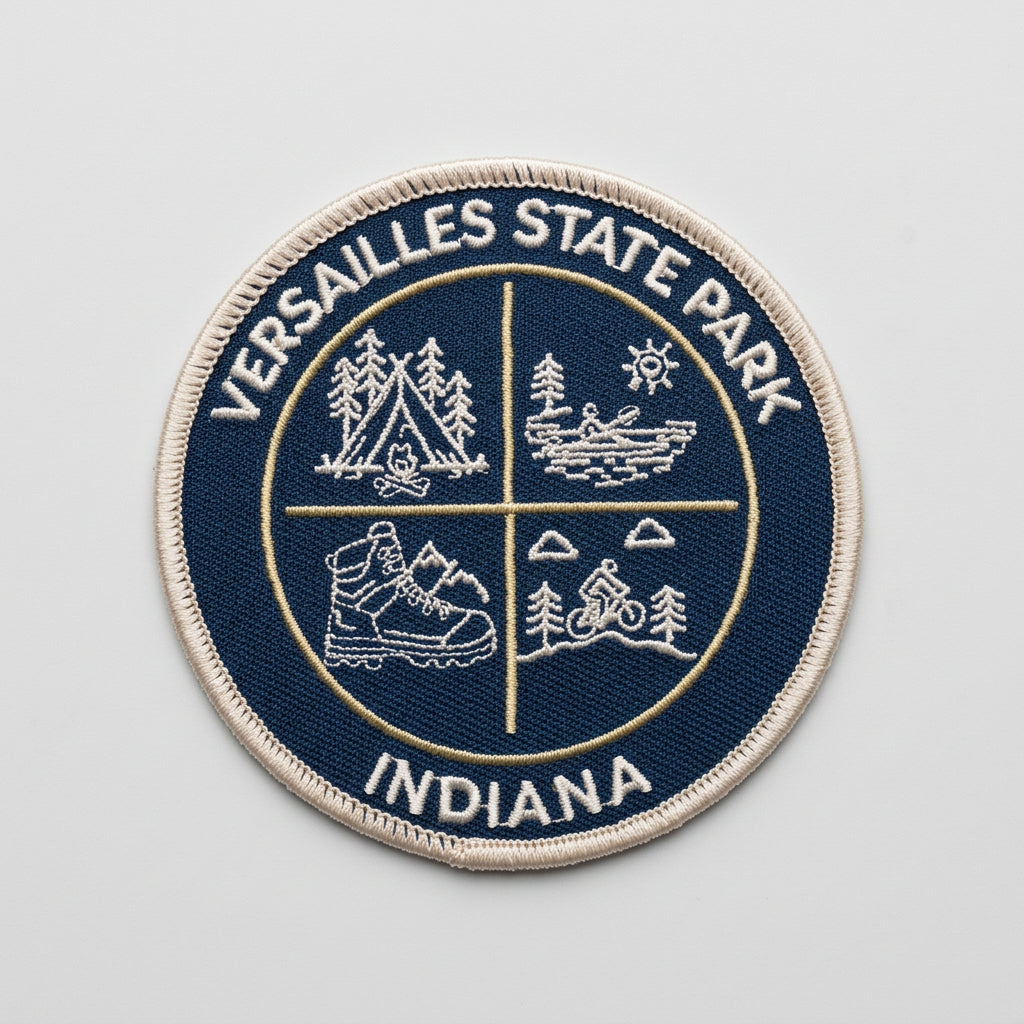 Round embroidered patch with four outdoor icons—tent, canoe, hiking boot, and bicycle—labeled “Versailles State Park Indiana.”