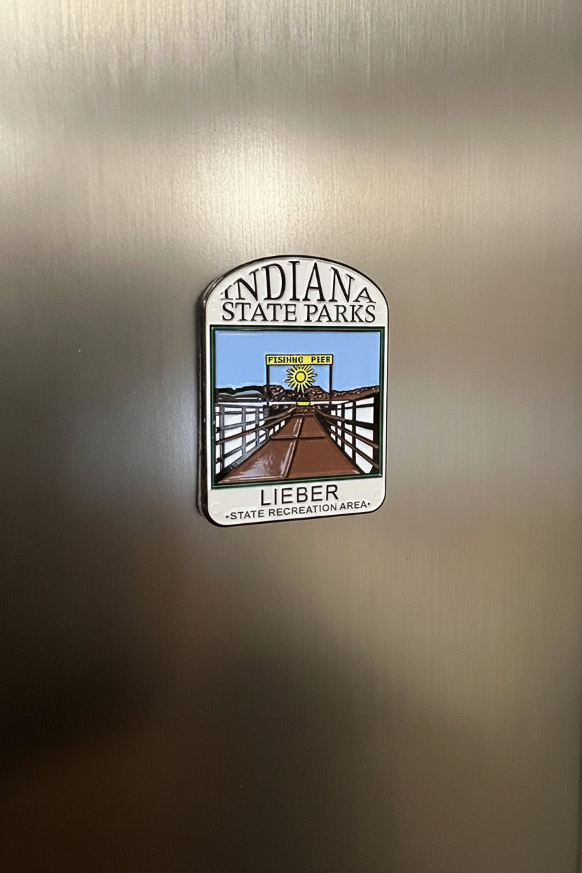 Fridge magnet with Indiana State Parks design on a metallic surface