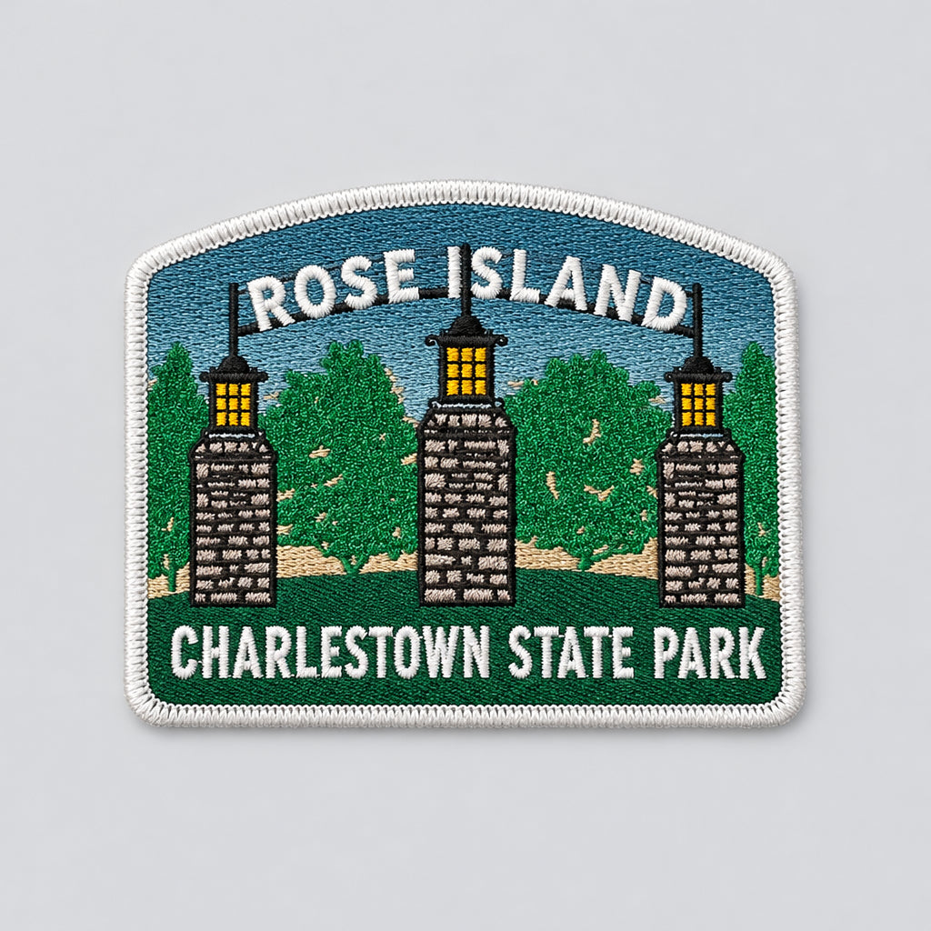 Charlestown State Park Rose Island patch with image of an abandoned amusement park entrance.