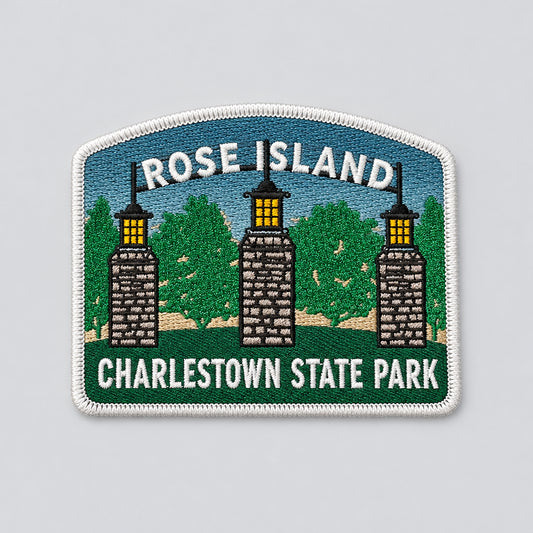 Charlestown State Park Rose Island patch with image of an abandoned amusement park entrance.