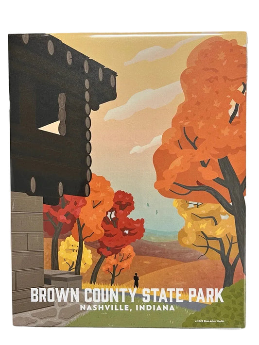 Illustration of Brown County State Park in Nashville, Indiana with trees and a fort.