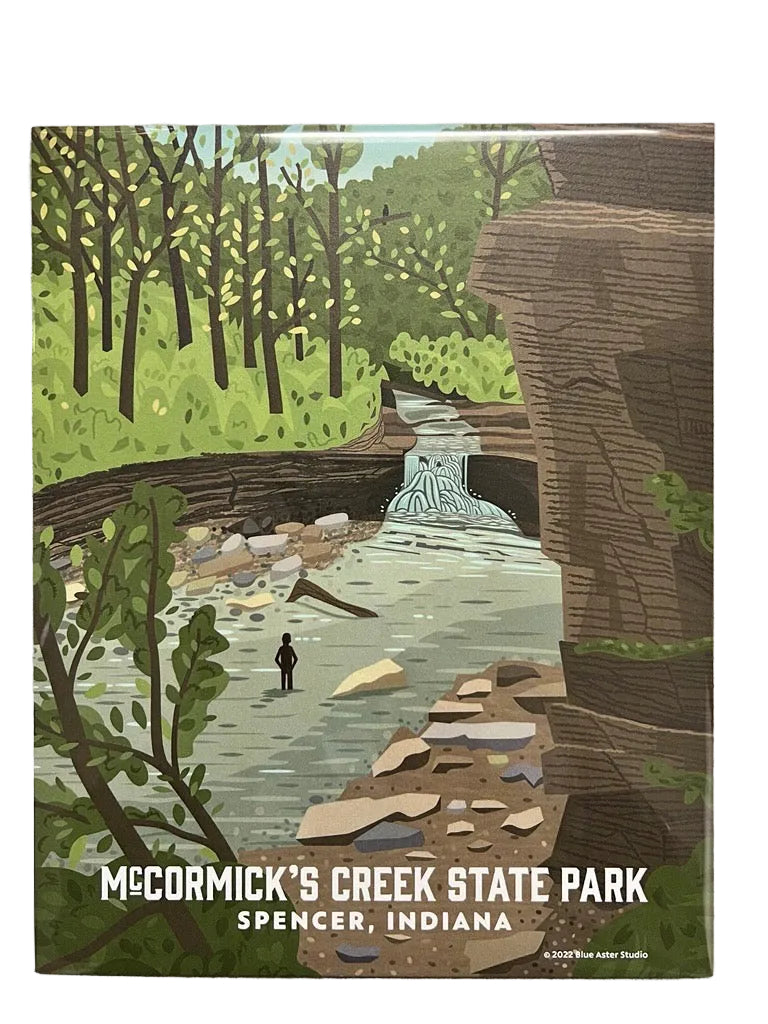 Illustration of a person standing in a stream with trees and rocks, labeled 'McCormick's Creek State Park, Spencer, Indiana'.