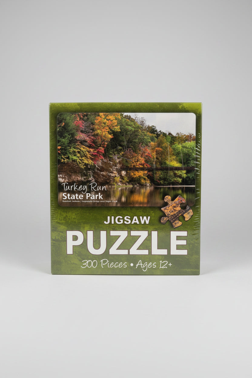 Jigsaw puzzle box for Turkey Run State Park with a scenic cover