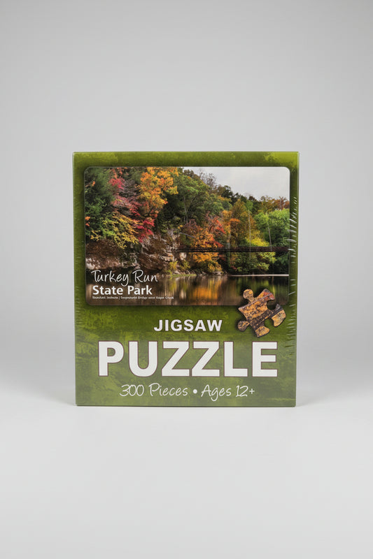 Jigsaw puzzle box for Turkey Run State Park with a scenic cover