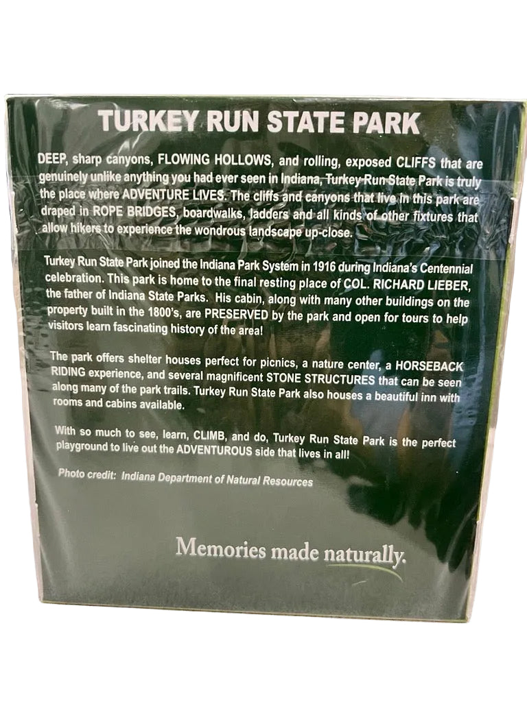 Back of a puzzle box featuring information on turkey run 