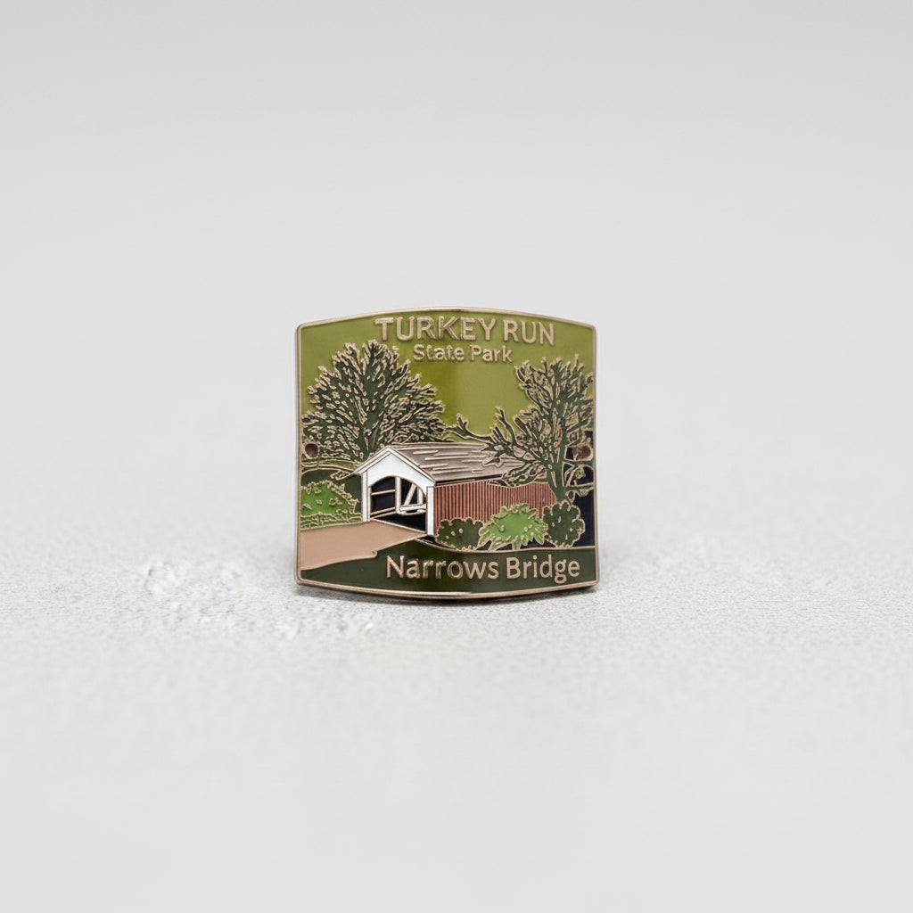 Badge with a bridge illustration and text on a textured gray background