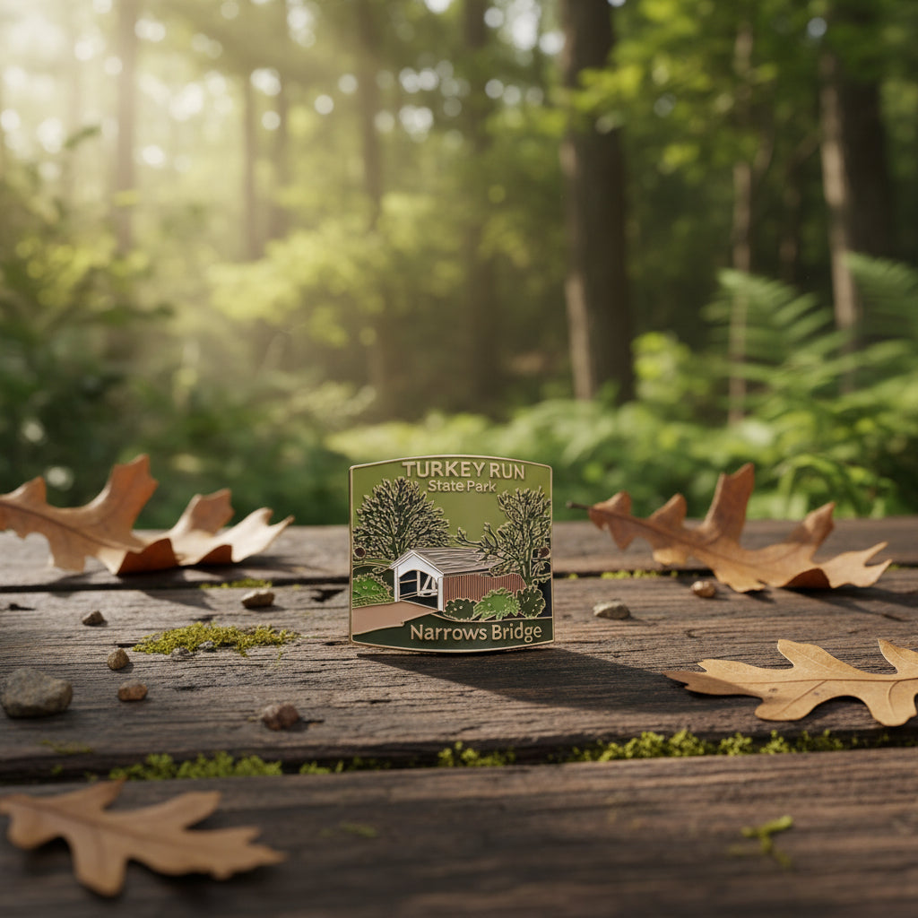 hiking medallion with illustration of a covered bridge and text 'Turkey Run State Park Narrows Bridge' on a wooden surface