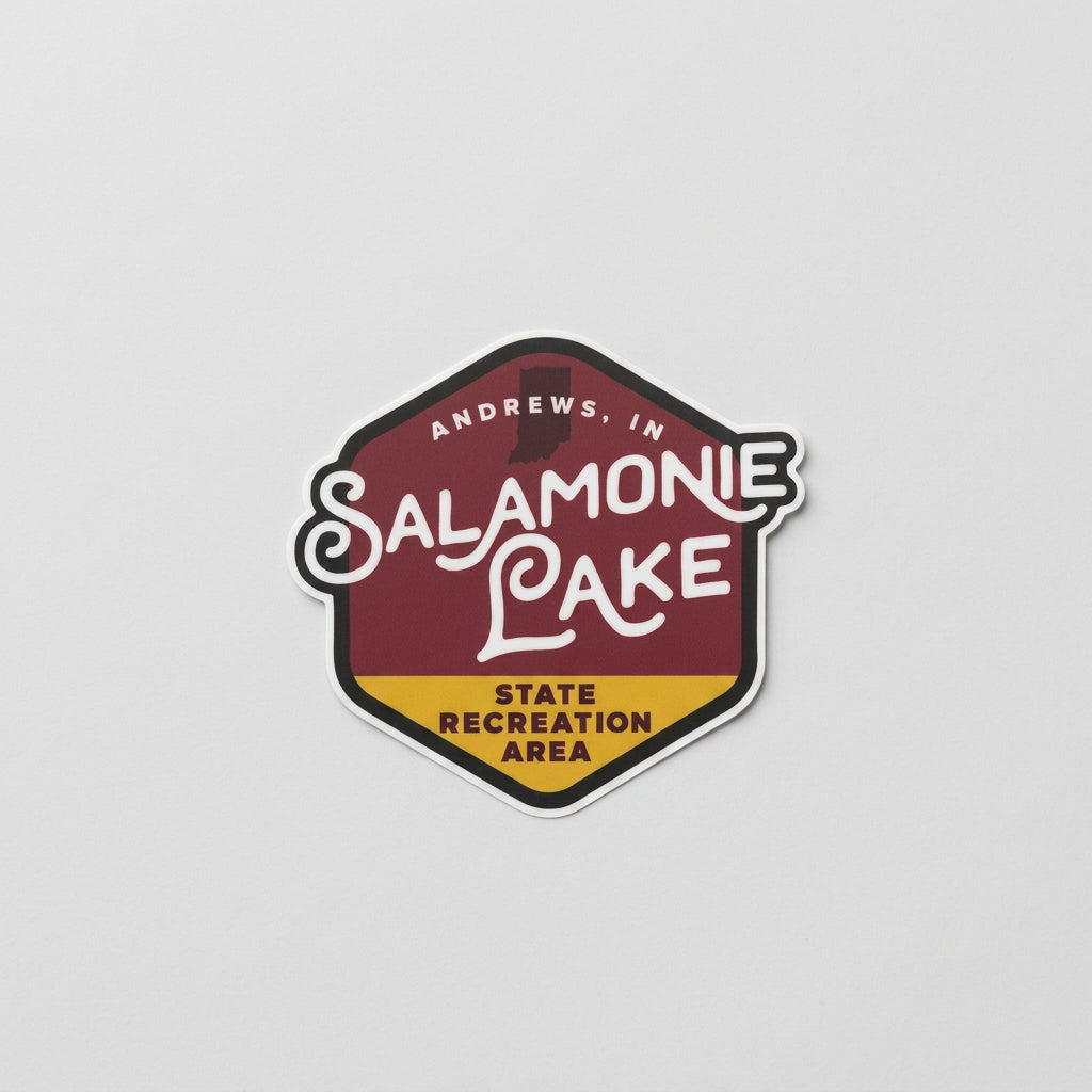 Badge‑shaped sticker with maroon and gold colors featuring the text “Andrews, IN Salamonie Lake State Recreation Area.”