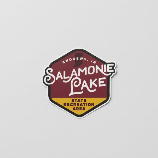 Badge‑shaped sticker with maroon and gold colors featuring the text “Andrews, IN Salamonie Lake State Recreation Area.”