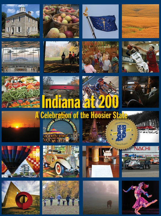 Collage of images celebrating Indiana's 200th anniversary with various scenes and activities.