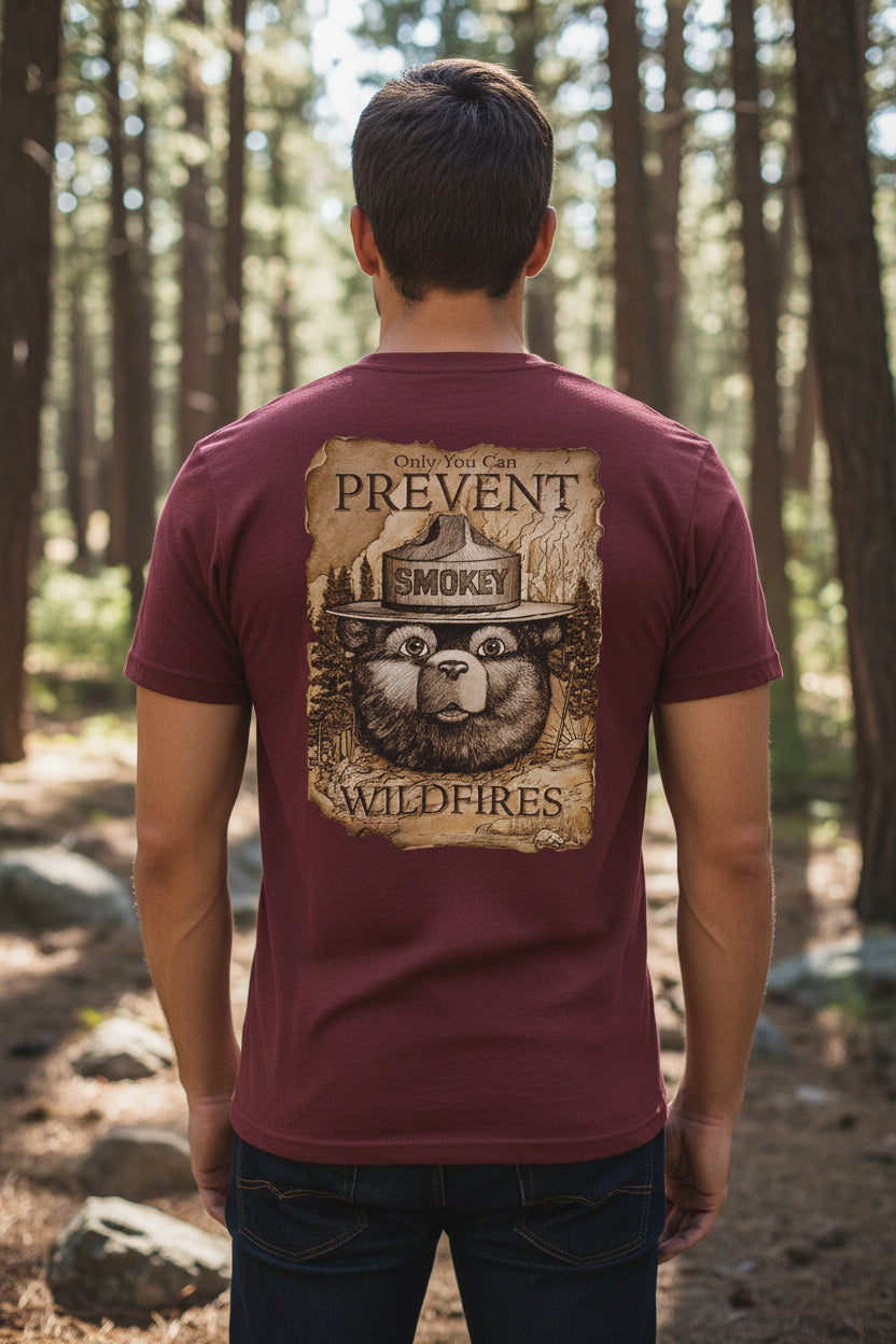Maroon t-shirt with Smokey Bear graphic and text on a white background