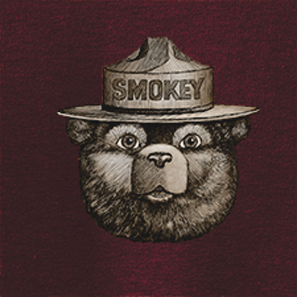 Illustration of Smokey the Bear on a maroon background