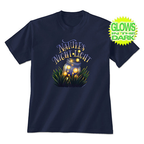 Navy blue t-shirt with 'Nature's Night Light' design and 'Glow in the Dark' label.